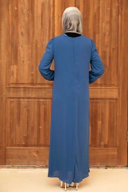  Modern İndigo Blue Islamic Long Sleeve Dress 12951IM - 2