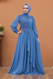  Modern İndigo Blue Islamic Clothing Evening Gown 2022IM - 1