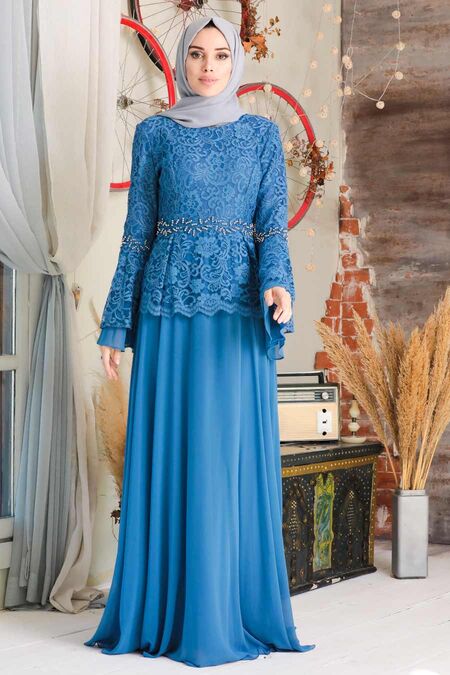  Long İndigo Blue Modest Wedding Dress 20671IM - NEVA STYLE