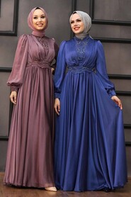  Luxorious İndigo Blue Hijab Evening Dress 21540IM - 3