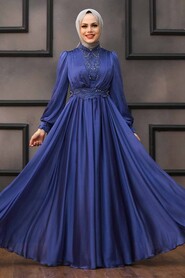  Luxorious İndigo Blue Hijab Evening Dress 21540IM - 1