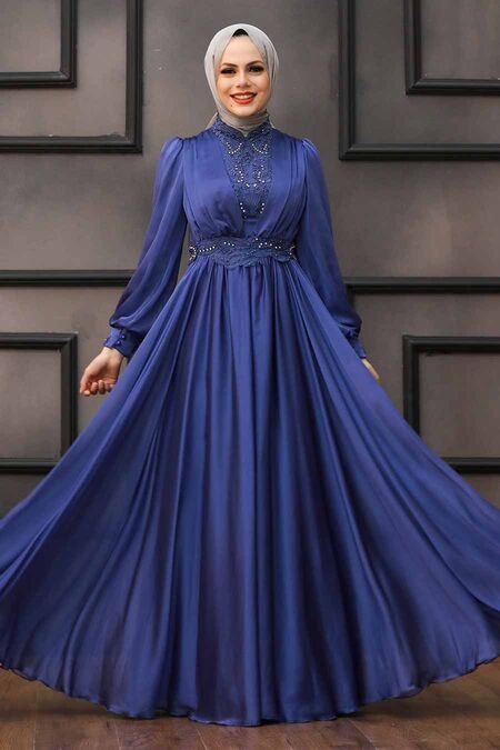 Neva Style - Luxorious İndigo Blue Hijab Evening Dress 21540IM - Neva ...