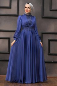  Luxorious İndigo Blue Hijab Evening Dress 21540IM - 2