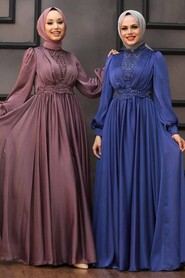  Luxorious İndigo Blue Hijab Evening Dress 21540IM - 4