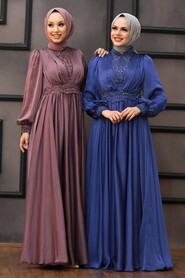  Luxorious İndigo Blue Hijab Evening Dress 21540IM - 5