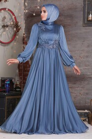  Satin Indigo Blue Islamic Engagement Dress 21630IM - 1