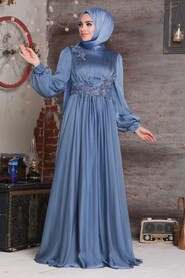  Satin Indigo Blue Islamic Engagement Dress 21630IM - 2