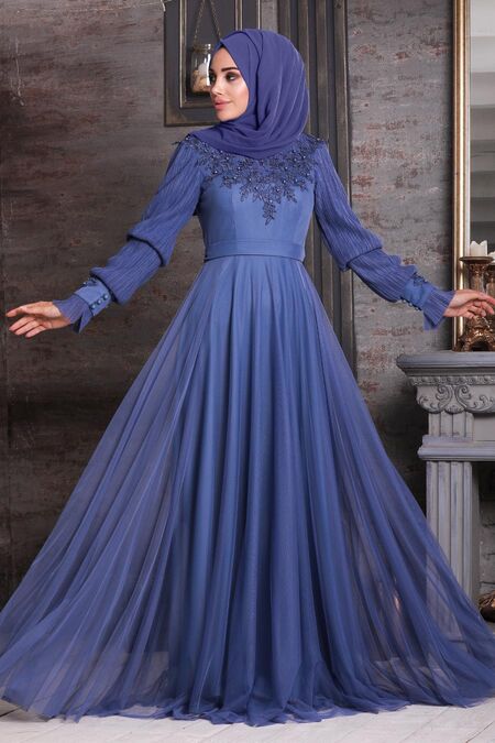 Neva Style - Modern İndigo Blue Islamic Clothing Prom Dress 21780IM