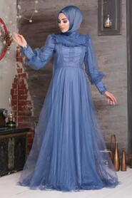 İndigo Blue Hijab Evening Dress 21790IM - 1
