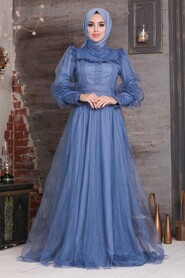 İndigo Blue Hijab Evening Dress 21790IM - 3