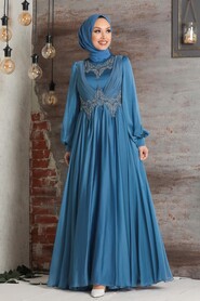  Stylish İndigo Blue Islamic Clothing Evening Dress 21890IM - 2