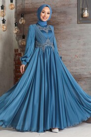  Stylish İndigo Blue Islamic Clothing Evening Dress 21890IM - 1