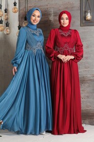  Stylish İndigo Blue Islamic Clothing Evening Dress 21890IM - 3