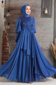 Neva Style - Modern İndigo Blue Islamic Bridesmaid Dress 21930IM - Thumbnail