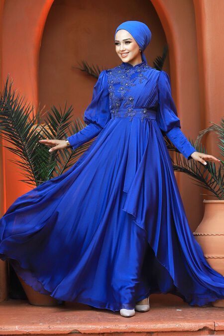  Modern İndigo Blue Islamic Bridesmaid Dress 21930IM - NEVA STYLE