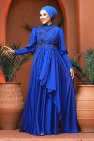  Modern İndigo Blue Islamic Bridesmaid Dress 21930IM - 3