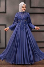 İndigo Blue Hijab Evening Dress 21970IM - 2