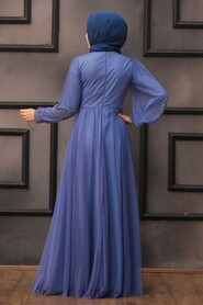 Stylish İndigo Blue Islamic Long Sleeve Dress 22021IM - 2