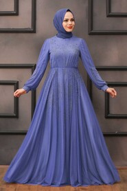 Stylish İndigo Blue Islamic Long Sleeve Dress 22021IM - 1