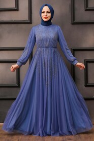 Long İndigo Blue Islamic Wedding Dress 22031IM - 1
