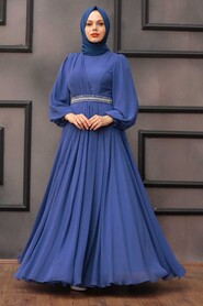  Elegant İndigo Blue Muslim Fashion Wedding Dress 22040IM - 3