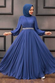  Elegant İndigo Blue Muslim Fashion Wedding Dress 22040IM - 2