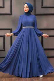  Elegant İndigo Blue Muslim Fashion Wedding Dress 22040IM - 4