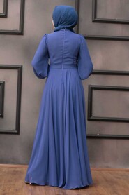  Elegant İndigo Blue Muslim Fashion Wedding Dress 22040IM - 5