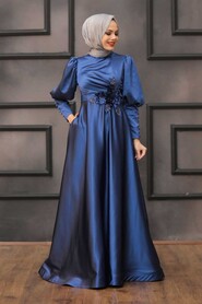  Stylish İndigo Blue Hijab Evening Dress 2205IM - 2