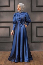  Stylish İndigo Blue Hijab Evening Dress 2205IM - 3