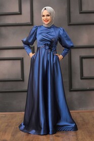  Stylish İndigo Blue Hijab Evening Dress 2205IM - 1