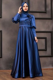  Satin İndigo Blue Muslim Engagement Dress 22080IM - 1
