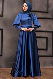  Satin İndigo Blue Muslim Engagement Dress 22080IM - 2