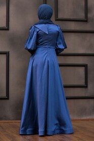  Satin İndigo Blue Muslim Engagement Dress 22080IM - 3
