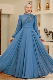  Long Sleeve İndigo Blue Hijab Dress 22110IM - 2
