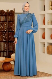  Long Sleeve İndigo Blue Hijab Dress 22110IM - 1