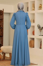  Long Sleeve İndigo Blue Hijab Dress 22110IM - 3