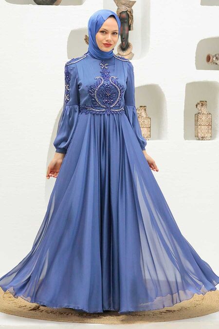  Elegant İndigo Blue Muslim Fashion Evening Dress 2212IM - NEVA STYLE