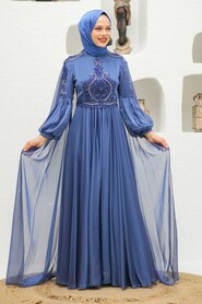  Elegant İndigo Blue Muslim Fashion Evening Dress 2212IM - 1