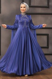  Modern İndigo Blue Islamic Engagement Dress 22140IM - 1