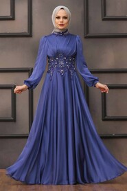  Luxury İndigo Blue Islamic Clothing Evening Dress 22150IM - 1
