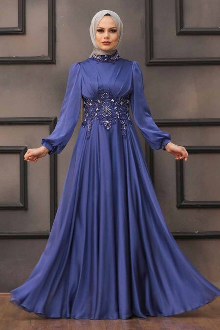  Luxury İndigo Blue Islamic Clothing Evening Dress 22150IM - NEVA STYLE