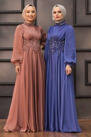  Luxury İndigo Blue Islamic Clothing Evening Dress 22150IM - 2