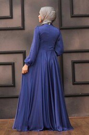  Luxury İndigo Blue Islamic Clothing Evening Dress 22150IM - 4