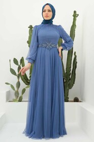  Stylish İndigo Blue Islamic Clothing Evening Gown 22290IM - 1