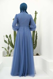  Stylish İndigo Blue Islamic Clothing Evening Gown 22290IM - 3