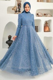  Luxury İndigo Blue Hijab Wedding Gown 22343IM - 1