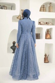  Luxury İndigo Blue Hijab Wedding Gown 22343IM - 2