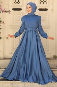  Satin İndigo Blue Islamic Evening Gown 28890IM - 1