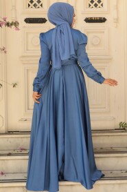  Satin İndigo Blue Islamic Evening Gown 28890IM - 3